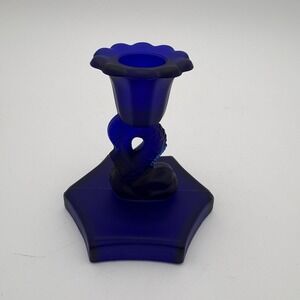 Vtg Cobalt Blue Frosted Dalzell Viking Glass Koi Fish‎ 4" Candlestick Holder